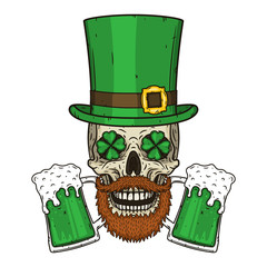 The skull of Saint Patrick's with green hat and clover leaves. Irish skull. St.Patrick skull vector.