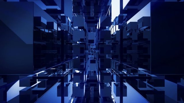 Broadcast Intro.Pass through and animation of geometrical  3D cubes.Good for opener, titles and logo technological background.Blue.Type 1