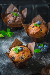 Homemade delicious chocolate cupcakes with fresh berries on top