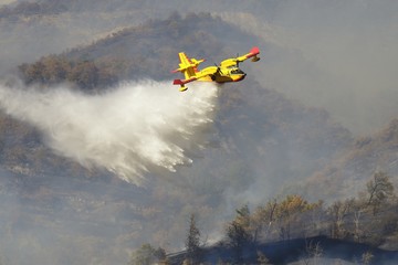 A yellow aircraft Canadair, water bomber or super scooper, in action on a forest fire.