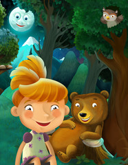 cartoon scene with wild animals bear owl and girl resting in the forest - illustration for children
