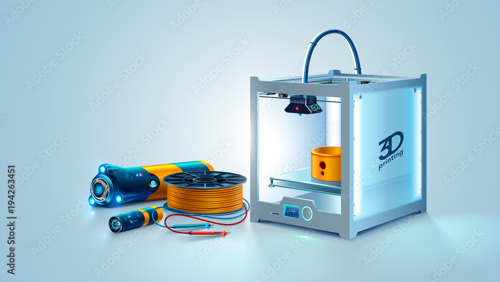 Leinwandbilder 3d printer abstract model. Manufacturing prototype object on 3d printer. Filament plastic.Engineering development tools. Innovation Additive technology. Vector illustration on white background
