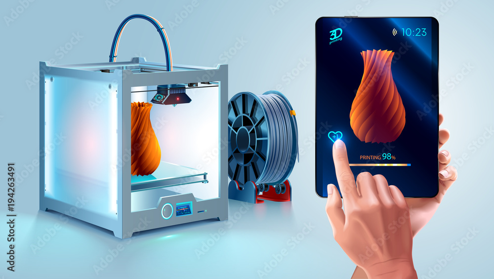 Leinwandbilder White 3d printer with filament spool. 3d printer printed vase. Maker hold tablet in hand. Mobile interface with 3d model. Tablet showing progress printing 3d model. Additive technology for hobby, diy