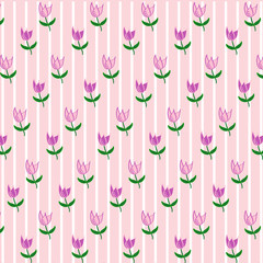 A simple floral pastel color texture: pink tulips with green stem and leaves on pink background in white stripe. Beautiful summer natural natural pattern. Vector. An option for textiles, fabrics.