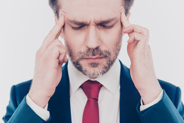 Hurt spasm suffer symptom head boss chief manager concept, Close up cropped photo of sad upset focused concentrated smart clever entrepreneur touching temples with fingers isolated on gray background