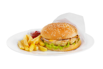 Burger with French fries and ketchup, barbecue sauce. Side view. Serving, serving for a cafe, a restaurant in the menu. Isolated, white background on plate