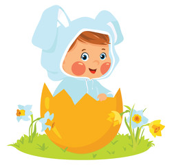 Baby boy wearing easter bunny costume in egg