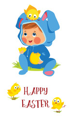 Happy Easter card with baby bunny and chicks