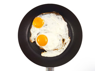 Traditional healthy easy breakfast meal with two fried eggs served on a frying pan, International simple food,Breakfast, Healthy food top view