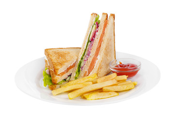 Sandwich with French fries and ketchup, barbecue sauce. Side view. Serving, serving for a cafe, a restaurant in the menu. Isolated, white background