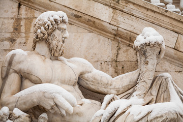 A lovely day of snow in Rome, Italy, 26th February 2018: a beautiful view of Fontana della Dea Roma under the snow