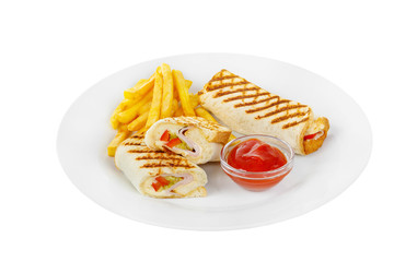 Sandwich with French fries and ketchup, barbecue sauce. Side view. Serving, serving for a cafe, a restaurant in the menu. Isolated, white background