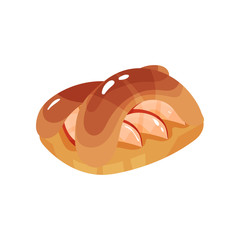 Freshly-baked bun or pie with apples. Appetizing fruit dessert. Colorful food icon. Design element for bakery shop or cafe menu. Cartoon flat vector illustration