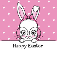 Happy easter card. hipster bunny with pasta glasses holding a sign