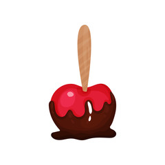Cartoon illustration of red apple on wooden stick dipped with chocolate. Tasty fruit dessert. Design element for recipe book or cafe menu. Colorful flat vector icon