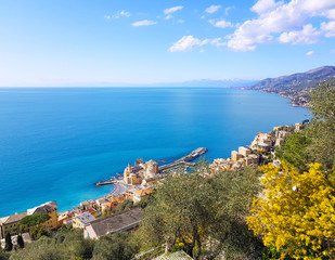 Beautiful landscape with blue sea and blue sky and cityscape with bright day, Aerial view of Camogli a characteristic famous place near Genoa (Genova), Italy top view.