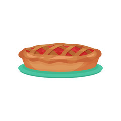 Traditional apple pie on turquoise plate. Delicious fruit dessert. Colorful food icon. Cartoon flat vector element for recipe book or cafe menu