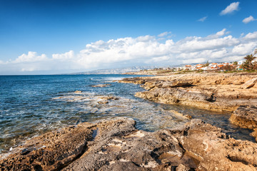 Fototapeta na wymiar a fantastic stunning colorful landscape, a blue sea shore, the coast of Cyprus, the neighborhood of Paphos