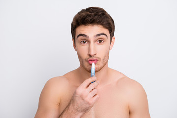Cream lotion people person concept. Close up portrait of handsome attractive cute lovely tender...