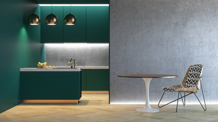 Kitchen green minimalistic interior. 3d render illustration mock up.
