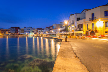 Fototapeta na wymiar Architecture of Chania at night with Old Venetian port on Crete. Greece