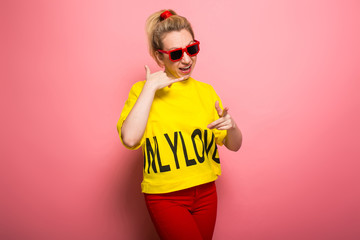 Blonde woman in bright clothes