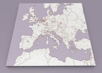 Cartina stradale e politica dell’Europa e nord Africa. Città europee. Cartina politica con confine degli stati. Aree urbane. Stradario, atlante
