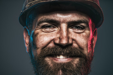 Portrait of handsome engineer. Construction worker in hard hat. Architect, worker, engineer - work.