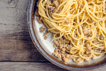 Fresh pasta with meat and cheese. Selective focus.