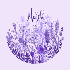 wording march with purple hand drawn flowers in a circle, doodle elements, grass, leaves, flowers. Vector illustration, design element for congratulation cards, print, banners and others