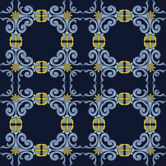 Vector damask seamless pattern background square curve cross spiral leaf frame flower