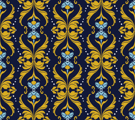 Vector damask seamless pattern background curve wave cross dot line gold leaf blue flower