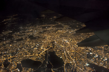 aerial photo of Rome city in Italy. airplane view at night