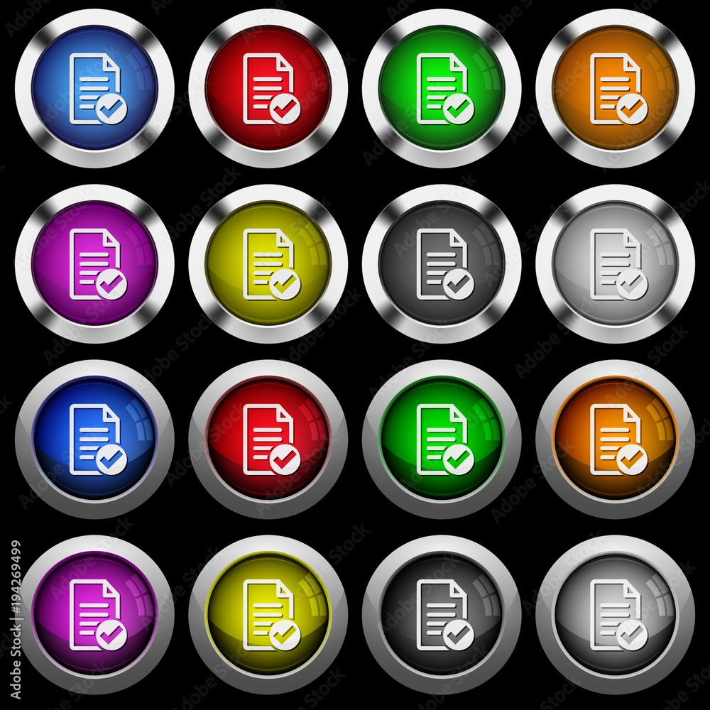 Poster document ok white icons in round glossy buttons on black background
