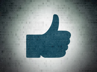 Social media concept: Painted blue Thumb Up icon on Digital Data Paper background