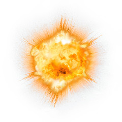 Realistic fiery explosion with sparks over a white background