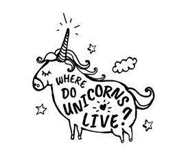 Where do unicorns live. Vector cartoon sketch illustration