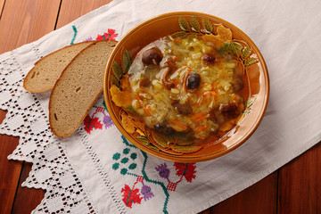 Russian traditional soup.Shchi with mushrooms.