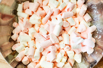 Colorful marshmallows close up in a bowl