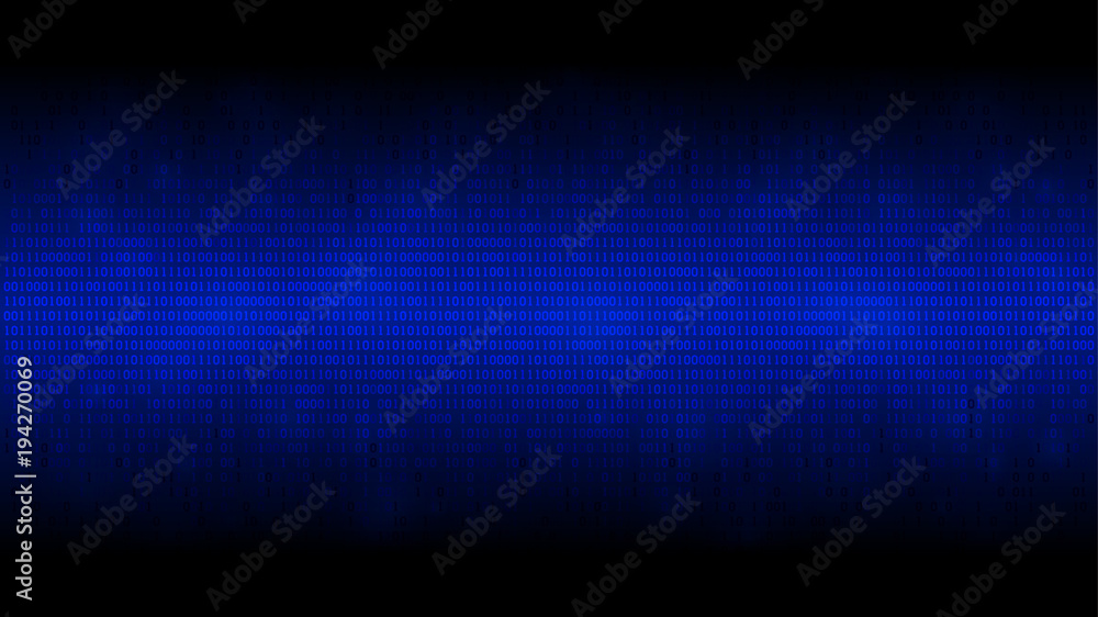 Poster glowing binary code blue abstract background, cloud of big data, stream of information