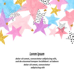 Abstract vector celebration background with colorful watercolor stars and place for text.