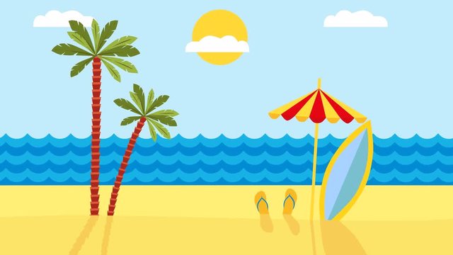 Tropical landscape with beach , sea and palm trees. Summer background with sea, palm trees, beach umbrella, surfboard. animation