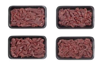 Supermarket plastic tray with veal isolated on white background. Top view