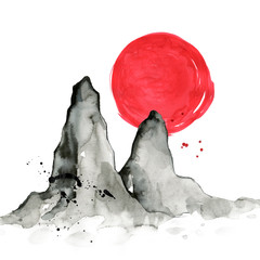 Mountains in Japanese painting style. Traditional Beautiful watercolor hand drawn illustration