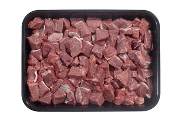 Supermarket plastic tray with veal isolated on white background. Top view
