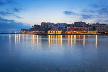 Architecture of Chania at night with Old Venetian port on Crete. Greece