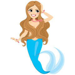 Beautiful blue mermaid girl with blonde long hair and pink pearls