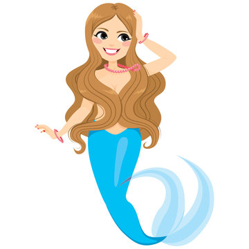 Beautiful blue mermaid girl with blonde long hair and pink pearls