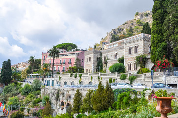 View of Taormina town buildings in Sicily