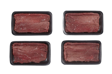 Supermarket plastic tray with veal isolated on white background. Top view